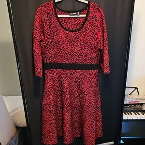 Nina Leonard Red and Black Leopard Print Knit Dress